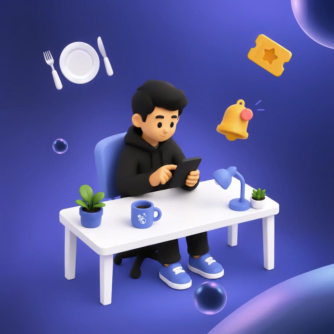 Illustration of a person using a tablet with dining, ticket, and notification icons